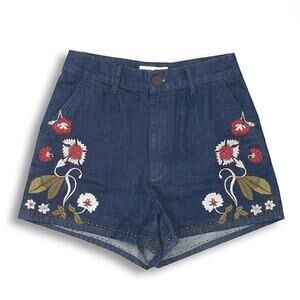 Sandro Shorts denim embroidered embellished studs floral size 36 small boho